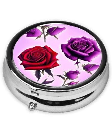 Red & Purple Roses Round Pill Box | 3-Compartment Organizer for Travel | Portable Pill Storage for Purse & Pocket - Buy Online on GoSupps.com