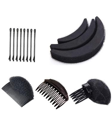 5 Pieces/Set Bump It Up Volume Hair Base Set Sponge Styling Insert Braid Tool Hair Bump Up Combs Clips Bun Hair Pad Accessories for Women Lady (Black)