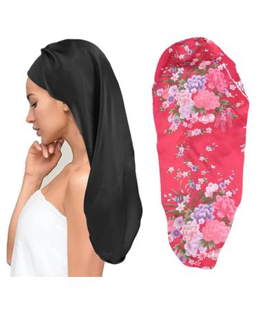Ladaypoa 2 pieces women satin sleeping cap silk hood for curly hair satin hair hood to sleep large double -layer adjustable satin hood for women black+deep red flower