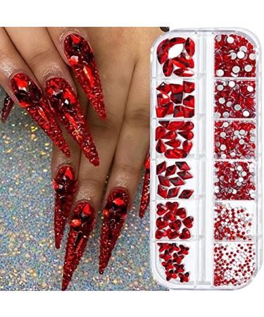 735 Pieces Red Nail Rhinestones for Acrylic Nails Red Stones for Nails Crystals 3D Nail Diamonds Art Decoration Crafts DIY (Red) Crimson