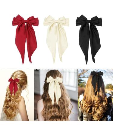 Hair Clips 3 Pcs Silky Satin Big Hair Bow Clips Barrettes with Long Tail French Hair Ribbon Bows for Women Girls Hair Ribbon Barrettes Metal Clips Bowknot Aesthetic Hair Accessories (Black White Red) - Buy Online on GoSupps.com