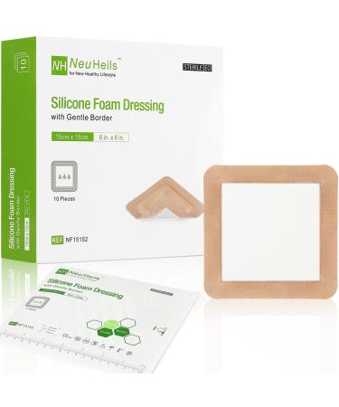 Silicone Adhesive Foam Dressing with Gentle Border 6''x6'' 10 Packs for Bed Sore Leg Ulcer High Absorbency Waterproof Silicone Wound Bandages by NeuHeils