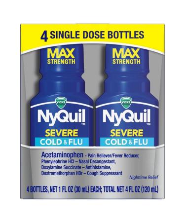 Vicks NyQuil Severe Shots Cold and Flu Nighttime Relief Liquid 1 Fl Oz (Pack of 4)