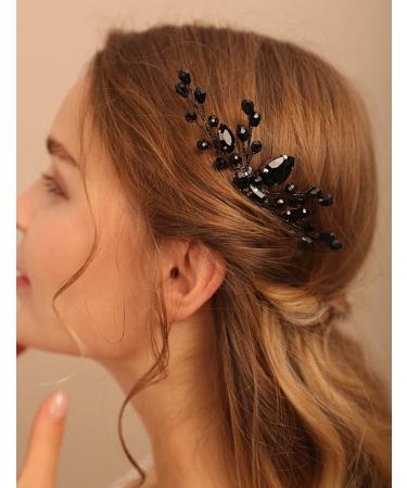 Deniferymakeup Women Rhinestone Hair Piece Black Teardrop Small Hair Comb Vine Bridal Hair Accessory Crystal Gift for Her Party Headpiece