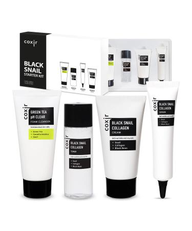 Valentine's Day Gift Set coxir Black Snail Collagen Starter Kit Cleanser Toner Serum & Cream | Repairing Snail Mucin Skincare Set Hydrating Korean Beauty Routine for Women (4-Piece)