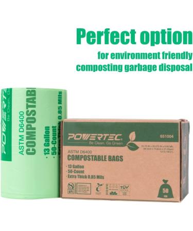 POWERTEC Certified Compostable Bags 50 Count | 49.2 Liter - 13 Gallon Trash Bags | Sustainable Green Products - US BPI and European OK Compost Home Certified - Buy Online on GoSupps.com