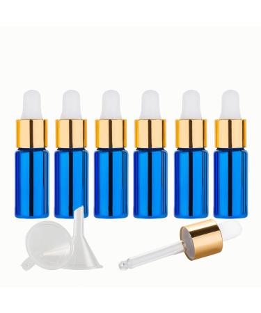 Tianzd 6 pieces 5 ml of empty chrome blue drip bottle Pipette bottles with glass pipette 5ml glass bottle with a drip pipette with gold screw cap for perfume oils essential oils blue 5 ml