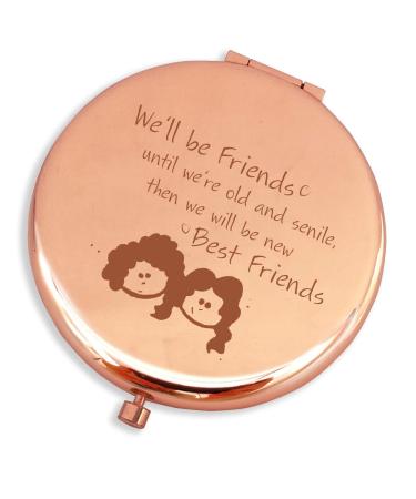 Blue Leaves We'll be Friends Until We are Old and Senile - Best Friend BFF Gifts for Women - Funny Long Distance Birthday  for Unbiological Soul Sister  Besties-Purse Pocket Makeup Mirror Rose Gold
