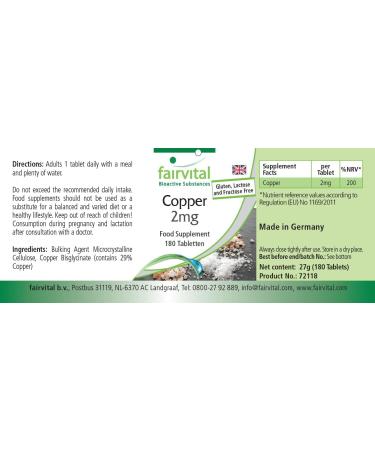 Fairvital | Cuivre 2 mg - 180 comprim s - Bisglycinate de cuivre - qualit contr l e et hautement dos - 100% v g talien - Fabriqu en Allemagne - Buy Online on GoSupps.com