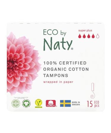 Eco by Naty Tampons - Super Plus 15 tampons. Plant-based Vegan 100% Organic Cotton Super Plus (15 tampons)