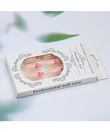 24PCS Pink Flower Press on Nails - Medium Square Glossy False Nails with Glue for Women - Spring Nail Decoration with Cute Flowers Design - Buy Online on GoSupps.com