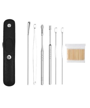 UIJKMN The Most Professional Ear Cleaning Master in 2023 Earwax Cleaning Tool 6-Piece Set with PU Leather Earwax Cleaner Tool Set Ear Pick Earwax Removal Kit Stainless Steel (Black)