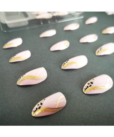 Leopard Print Almond Shaped Press on Nails with Gold Swirl French Tip - Medium Fake Nails for Women and Girls - Buy Online on GoSupps.com