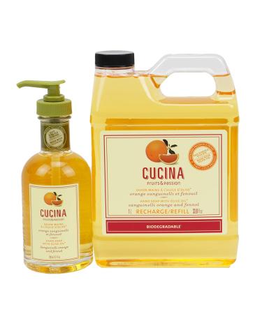 Cucina Fruits & Passion Sanguinelli Orange and Fennel Hand Soap Set 6.7 fl oz Glass Bottle and 33.8 fl oz Refill Made in Canada
