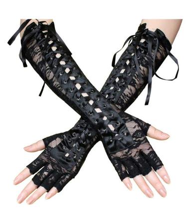 1 Pair Black Lace Gloves Rivet Gloves Halloween Costumes Elbow Length Lace up Flirting Gloves Christmas Birthday Gift Half-Finger Mittens Party and Holiday Gloves for Women Ladies