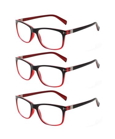 Kerecsen 3 Pack Reading glasses women feather hinges good glasses of high quality rectangular comfortable women reading aid (1.25 3 deep red) 1.25 3 deep red