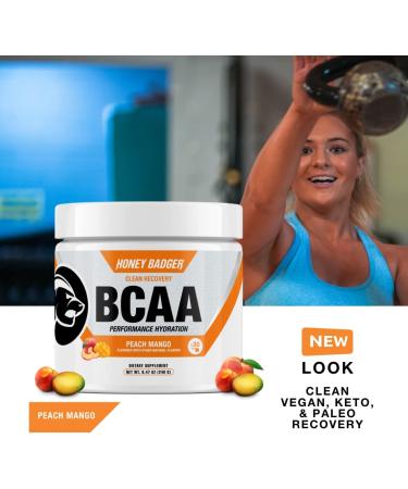 Honey Badger BCAA Amino Acids Powder - Peach Mango Flavor | Vegan Keto BCAAs + EAA for Men & Women | Electrolytes for Hydration & Recovery | Sugar Free & Paleo - 30 Servings - Buy Online on GoSupps.com
