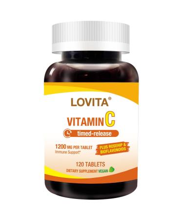 Lovita Vitamin C 1000mg with Citrus Bioflavonoids & Rosehip Timed Release Coating High Potency 3-in-1 Formula Immune Support 120 Vegan Tablets