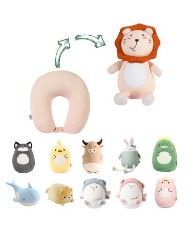 JOYRAVO Kids Travel Pillow - 2-in-1 Deformable Neck Pillow Soft U-Shaped Pillow with Cute Plush Animals Comfy Sleep and Play Companion for Airplanes Cars and Travel - Pink Lion