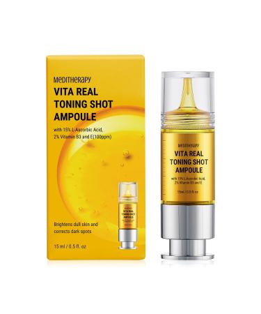 MEDITHERAPY VITA REAL Shot Toning Ampoule 0.5 fl.oz Pure Vitamin C Serum Blemish Care Radiance and Glowing Facial Skin Ampoule Korean Skincare