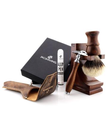 JAG Shaving Razor Set - Sustainable 4 -part razor set made of wood - Silberspitz roof hair shaving brush - double edge of the razor blades of razor blades - razor stand - leather bag for razor planes