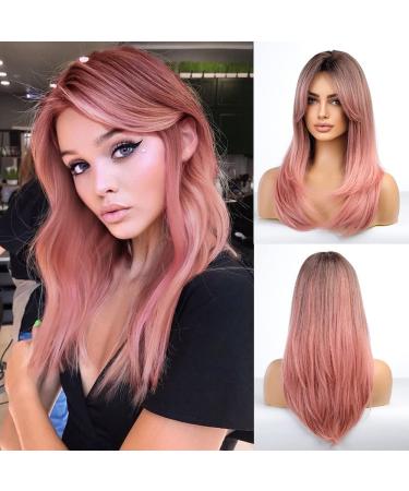 BASHA Long Straight Pink Full Wig Hair for Women Lady Girl Middle Part with Side Bangs Dark Black Roots 26 inches Heat Resistant Synthetic Natural Looking Wig Wedding Halloween Cosplay Party Pink Straight