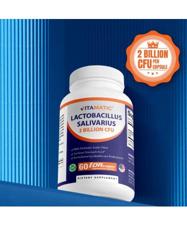Vitamatic Lactobacillus Salivarius 2 Billion per DR Capsule - 60 Count - Digestive Support - Made with Prebiotic Inulin Fiber (1 Bottle) - Buy Online on GoSupps.com