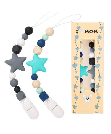 Baby Pacifier Clip Silicone Pacifier Chain Clip Baby Teething Toys with Clip Cute Silicone Milk Pacifier Clip with Star Pattern Fit All Baby Boy and Baby Girl Pacifier Clip 2 Packs