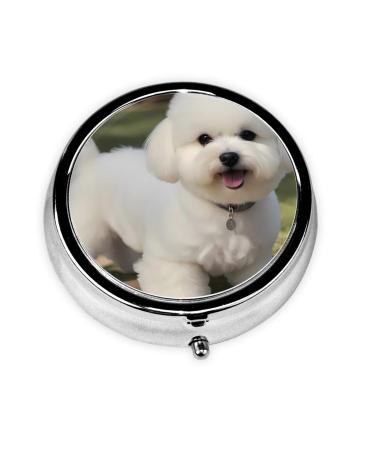 Round Pill Box 2.0x2.0x0.7 in Mini Travel Medicine Pill Organizer Box for Purse Pocket Bichon Frise Dog Prints Black