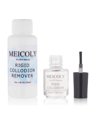 MEICOLY Rigid Collodion and Remover Kit Scarring Liquid with Brush Professional Scar Makeup for Halloween SFX Cosplay Liquid Scar Fake Scar Makeup for Theater Stage Performance Collodion Scar Liquid