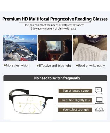 Stylish Half Frame Multifocus Reading Glasses for Men - Photochromic Sunglasses & Blue Light Blocking Computer Readers (Black 2.0x - Buy Online on GoSupps.com