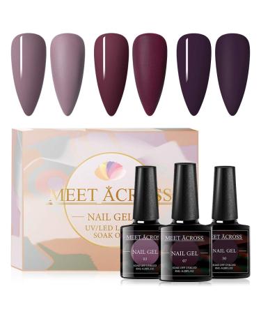 Meet Across purple plum red gel nail polish set 3 colors nude gel polish kit remove uv-Led lamp nail polish gel base top coat with gift box for nail art salon design manicure starter set required
