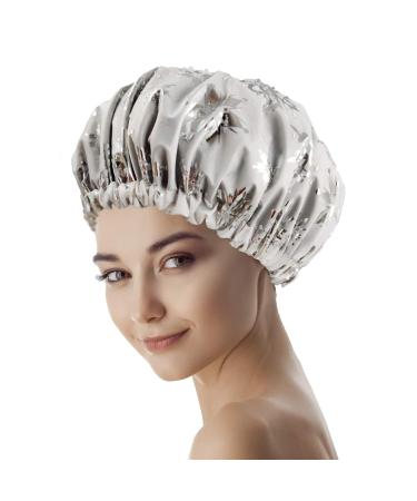 Satin Lined Shower Cap for Women - Large Adjustable Sleep Bonnet with Silky Satin Inner Layer - Waterproof Outer Layer - Special Pattern Printing - White Design - Pack of 1 - Buy Online on GoSupps.com