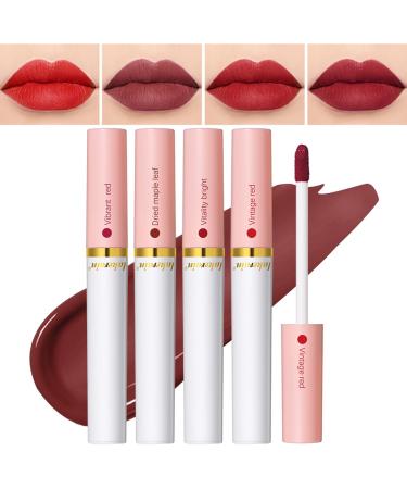4 Colors Lipstick Matte Liquid Lip Gloss Set Tube Red Matte Velvet Tint Stain Set Natural Ingredients Waterproof & Long Lasting 24 Hours Non-Sticky- Set C