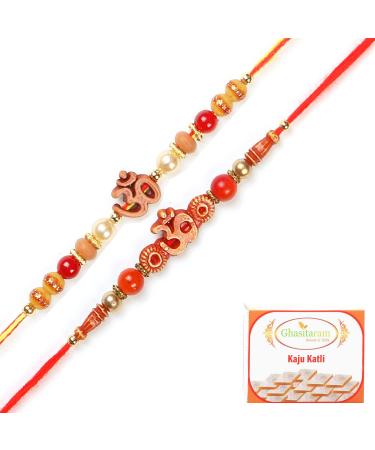 Ghasitaram Gifts Rakhi for Brother Rakhis Online - Set of 2 5504 6037 Om Rakhi Threads with 400 GMS of Kaju katli