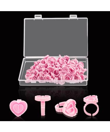 100PCS Disposable Glue Rings for Eyelash Extensions - Heart-Shaped Lash Fan Blossom Supplies with Storage Box - Perfect for Professional Beauty Salons and Individual Lash Techs - Pink