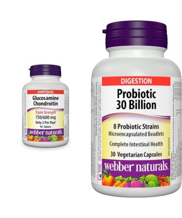Webber Naturals Glucosamine Chondroitin Triple Strength 90 Tablets & Probiotic 30 Billion Active Cells 8 Probiotic Strains 30 Capsules For Digestive Health Vegetarian
