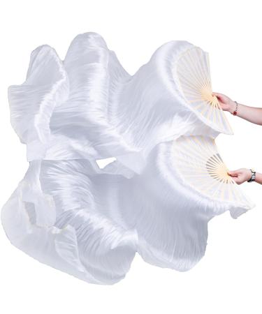 FJYIRI Women 1 Pair Hand-Made Silk Long Belly Dance Fan Veils White Color 1.8 m