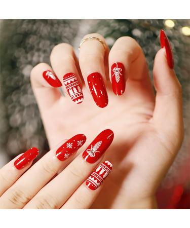 Brishow artificial nails Christmas nails to stick on snow press on nails ballerina acrylic red false nails 24 pieces for women and girls (2)