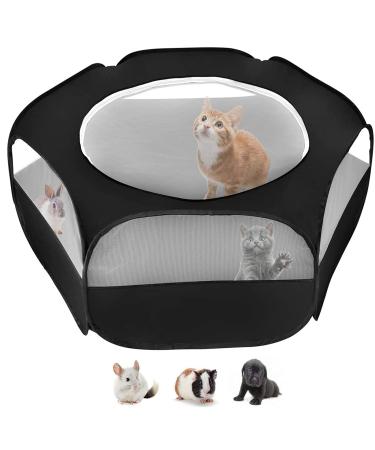 Pet Playpens for Small Animals Foldable Breathable Transparent Pet Tent Anti Escape Portable Pet Cage Yard Fence for Puppy Dogs Hamster Kitten Cats Chinchillas Guinea Pig Rabbits Black, with top cover