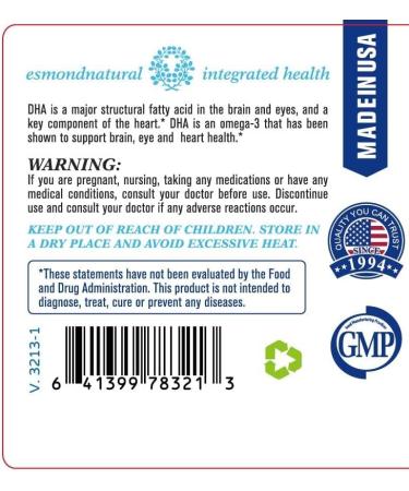 Esmond Natural: DHA Algal Oil (Made with Onavita Oil. 40% Docosahexaenoic Acid. Supports Brain Eye and Nervous System) GMP Natural Product Assn Certified Made in USA - 500mg 60 Softgels - Buy Online on GoSupps.com
