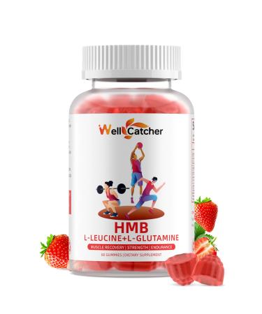 Wellcatcher HMB and Leucine Amino Acid Gummies: HMB Supplements for Men Women with L-Glutamine for Muscle Growth Fast Workout Recovery Sugar Free Vegan Non-GMO Strawberry Flavored 30 Day Supply