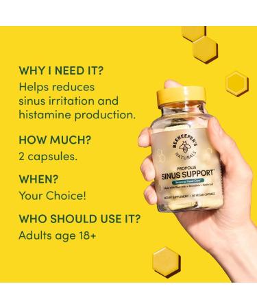 Beekeeper's Naturals Sinus Support for Adults - All Natural Seasonal Relief with Propolis, Quercetin, Bromelain & Nettle Leaf - 60 ct Vegan Capsules - Buy Online on GoSupps.com