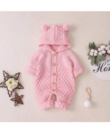 Knitted Hooded Romper Onesie | Baby Boy Girl Clothes | Long Sleeve Jumpsuit | 6-12 Months | Pink Hairball Detail - Buy Online on GoSupps.com