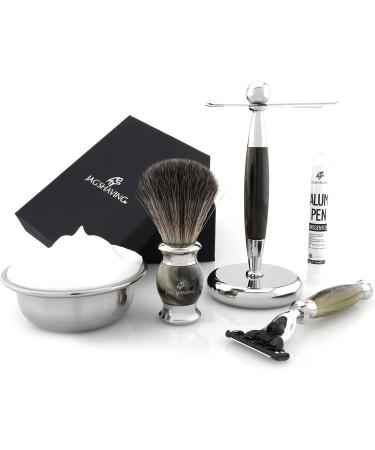 JAG RASIERSEST 3-Part Razor Set - Lee Series with Kunsthaar Brush & 3-Blade Safety Razor - Green Art Horn | International Shipping - Buy Online on GoSupps.com