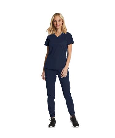 Scrubs for Women Set 7 Pocket 4-Way Stretch Mock Wrap and Jogger Pant Elements EL9905 Small Navy