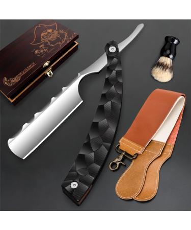 Professional Straight Blade Razor Kit with Strop - Straight Edge Barber Razor Stainless Steel Sharp Shaver Razor for Men Home & Salon Grooming Using (Black)