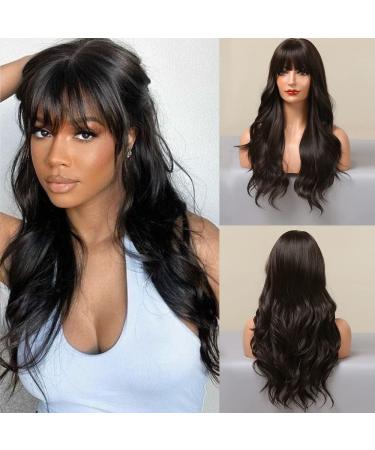 EMMOR Dark Brown Wigs for Women Long Curly Wigs With Bangs Water Wavy Synthetic Wig  Party Cosplay Daily Use
