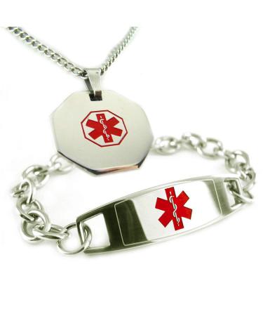 Custom Engraved O-Link Medical Alert Bracelet and Alert Necklace Stainless Steel 7.25 Inches Red: Wrist Size - 7.25in / 18.4cm Red