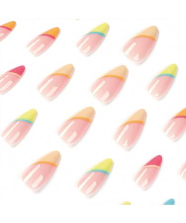 24pcs Almond Press on French False Nails Set with Glue - Multicolor Full Cover Acrylic Fake Nails for Women and Girls Nail Art - Buy Online on GoSupps.com